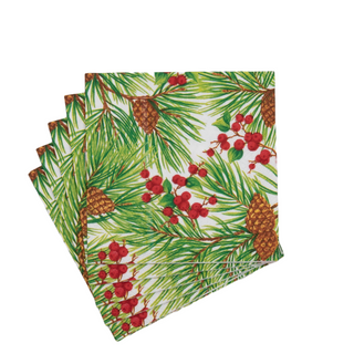 Evergreen and Berries White Cocktail Napkins - includes 20 Cocktail Napkins