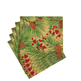 Evergreen and Berries Gold Cocktail Napkins - includes 20 Cocktail Napkins