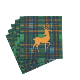 Reindeer Tartan Green Cocktail Napkins - includes 20 Cocktail Napkins