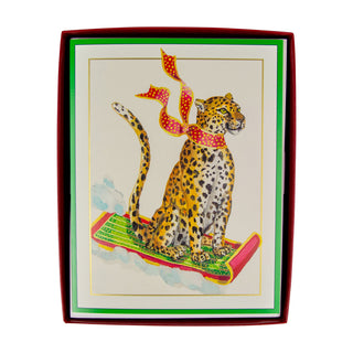 Sledding Leopard Large Boxed Christmas Cards - includes 15 cards & envelopes