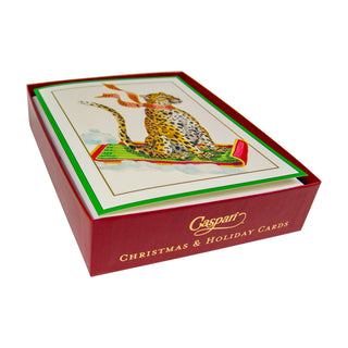 Sledding Leopard Large Boxed Christmas Cards - includes 15 cards & envelopes