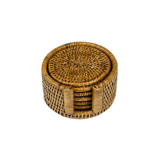 Rattan Round Coaster and Holder Set in Natural - Set of 6 Coasters and 1 Napkin Holder