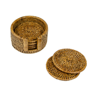 Rattan Round Coaster and Holder Set in Natural - Set of 6 Coasters and 1 Napkin Holder
