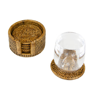 Rattan Round Coaster and Holder Set in Natural - Set of 6 Coasters and 1 Napkin Holder