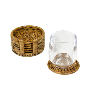 Rattan Round Coaster and Holder Set in Natural - Set of 6 Coasters and 1 Napkin Holder