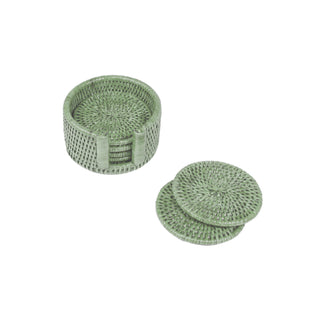 Rattan Round Coaster and Holder Set in Green - Set of 6 Coasters and 1 Napkin Holder