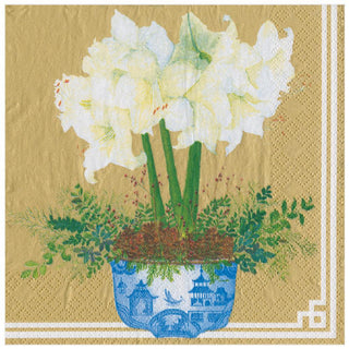 Caspari Potted Amaryllis Paper Dinner Napkins in Gold - 20 Per Package 15580D