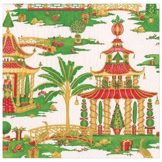 Caspari Christmas Pagodas Paper Dinner Napkins in White - 20 Per Package 16610D