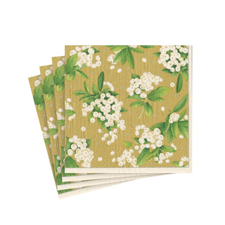 Christmas Berry Paper Cocktail Napkins in Gold/White- 20 Per Package 17231C