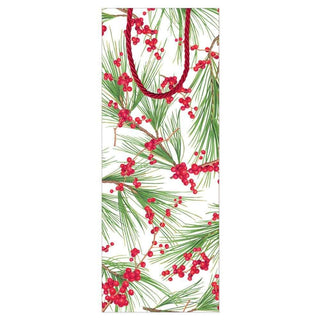 Caspari Berries and Pine Wine & Bottle Gift Bag in White - 1 Each 9783B4