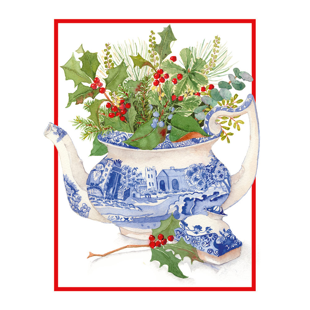 Blue And White Teapot With Holly A-Sized Christmas Cards Pack in Cello - 5 Cards & 5 Envelopes
