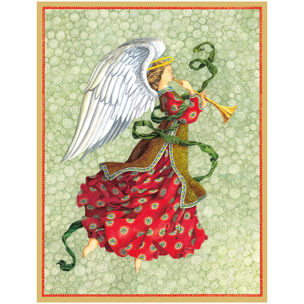 Angel In Red Dress With Trumpet C-Sized Christmas Cards Pack in Cello - 5 Cards & 5 Envelopes