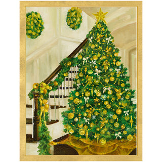 Golden Christmas Tree And Staircase Blank Classic Christmas Cards - includes 5 cards & envelopes