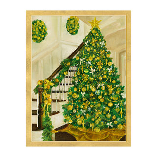 Golden Christmas Tree And Staircase Classic Boxed Christmas Cards - includes 15 cards & envelopes