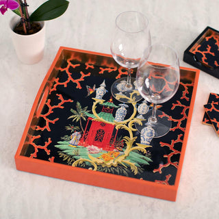 Rococo Fantasy Black Lacquer Square Tray-14X14
