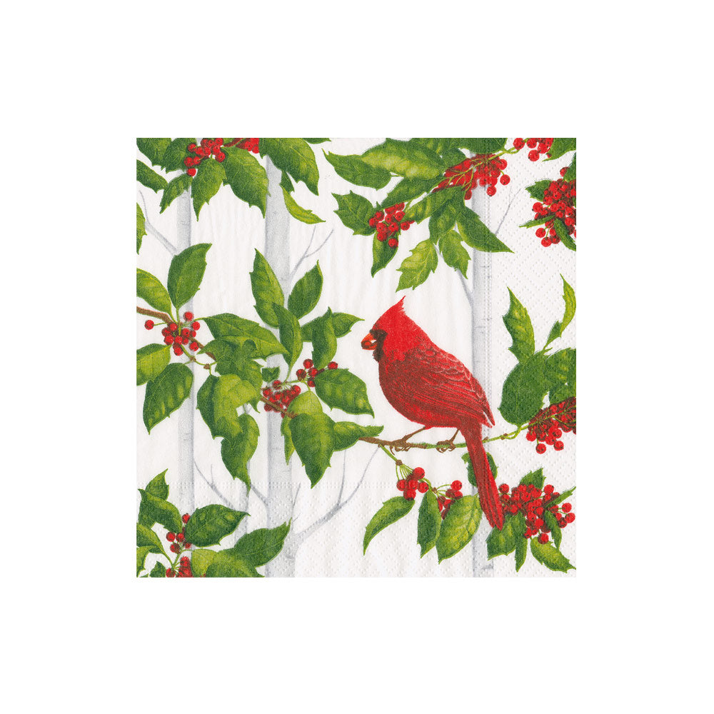 Holly And Songbirds White & Silver Cocktail Napkins - 20 Per Package