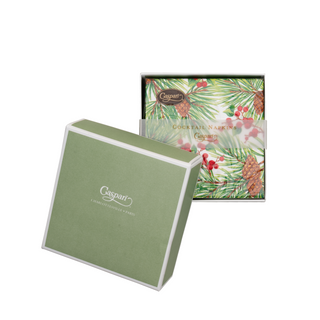 Evergreen And Berries White Boxed Cocktail Napkins - includes 40 Boxed Cocktail Napkins
