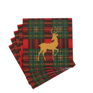 Reindeer Tartan Red Cocktail Napkins - includes 20 Cocktail Napkins
