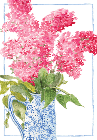 Blue Vase With Pink Blooms Blank Greeting Card - 1 card with envelope