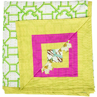 La Dolce Vita Kantha Quilt-Sage/Lav Fabc Cotton Tblcvr-70.5 X 70.5 Inch