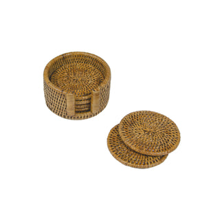 Rattan Round Coaster and Holder Set in Honey - Set of 6 Coasters and 1 Napkin Holder