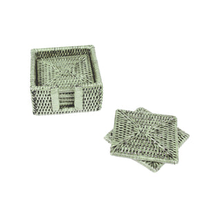 Rattan Square Coaster and Holder Set in Green - Set of 6 Coasters and 1 Napkin Holder