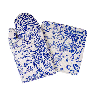 Pagoda Toile Blue/White Fabc Oven Mitt/Pot Holder Set