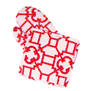 Garden Trellis Fuchsia And Orange Fabc Oven Mitt/Pot Holder Set
