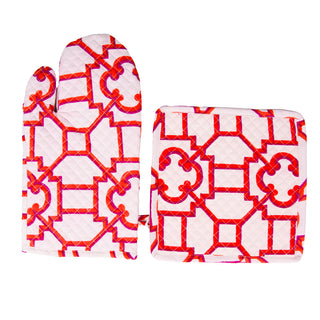 Garden Trellis Fuchsia And Orange Fabc Oven Mitt/Pot Holder Set