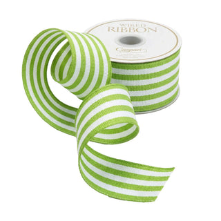 Moss Green/White Striped Grosgrain Wired Ribbon, 1.5" - 9 Yds