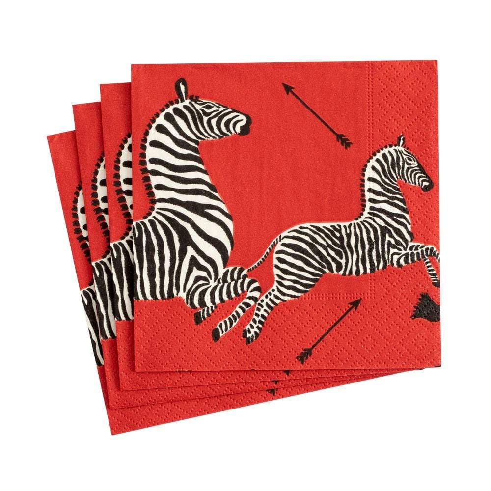 Caspari Zebras Paper Cocktail Napkins in Red - 20 Per Package 12180C