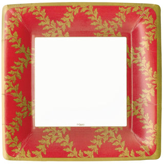 Caspari Acanthus Trellis Square Paper Dinner Plates in Red - 8 Per Package 13951DP