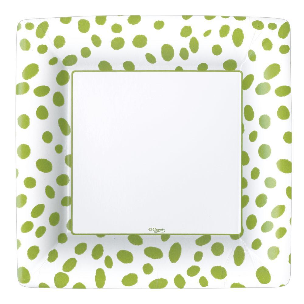 Caspari Spots Square Paper Dinner Plates in Green - 8 Per Package 14591DP