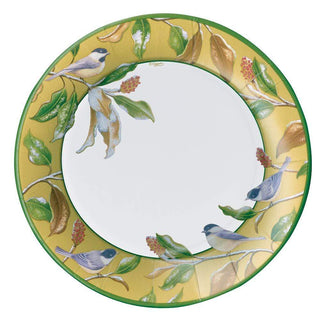 Caspari Chickadee and Magnolia Paper Dinner Plates in Gold - 8 Per Package 14830DP