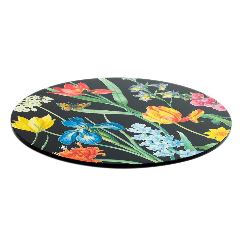 Caspari Redoute Floral Round Lacquer Placemat in Black - 1 Each 15101LQPMRND