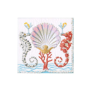 Caspari Seahorses and Shell Boxed Paper Cocktail Napkins - 40 Per Box 15870B