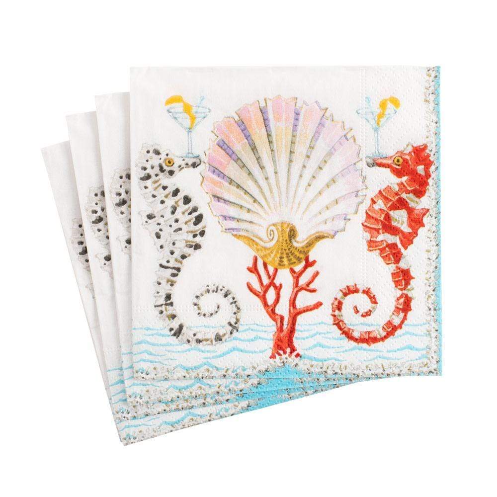Caspari Seahorses and Shell Paper Cocktail Napkins - 20 Per Package 15870C