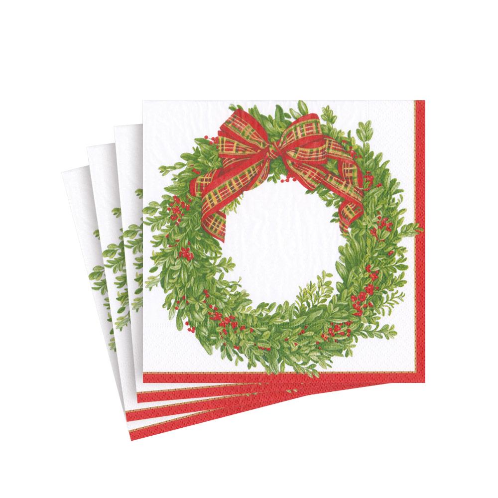 Caspari Boxwood and Berries Wreath Paper Cocktail Napkins - 20 Per Package 16200C