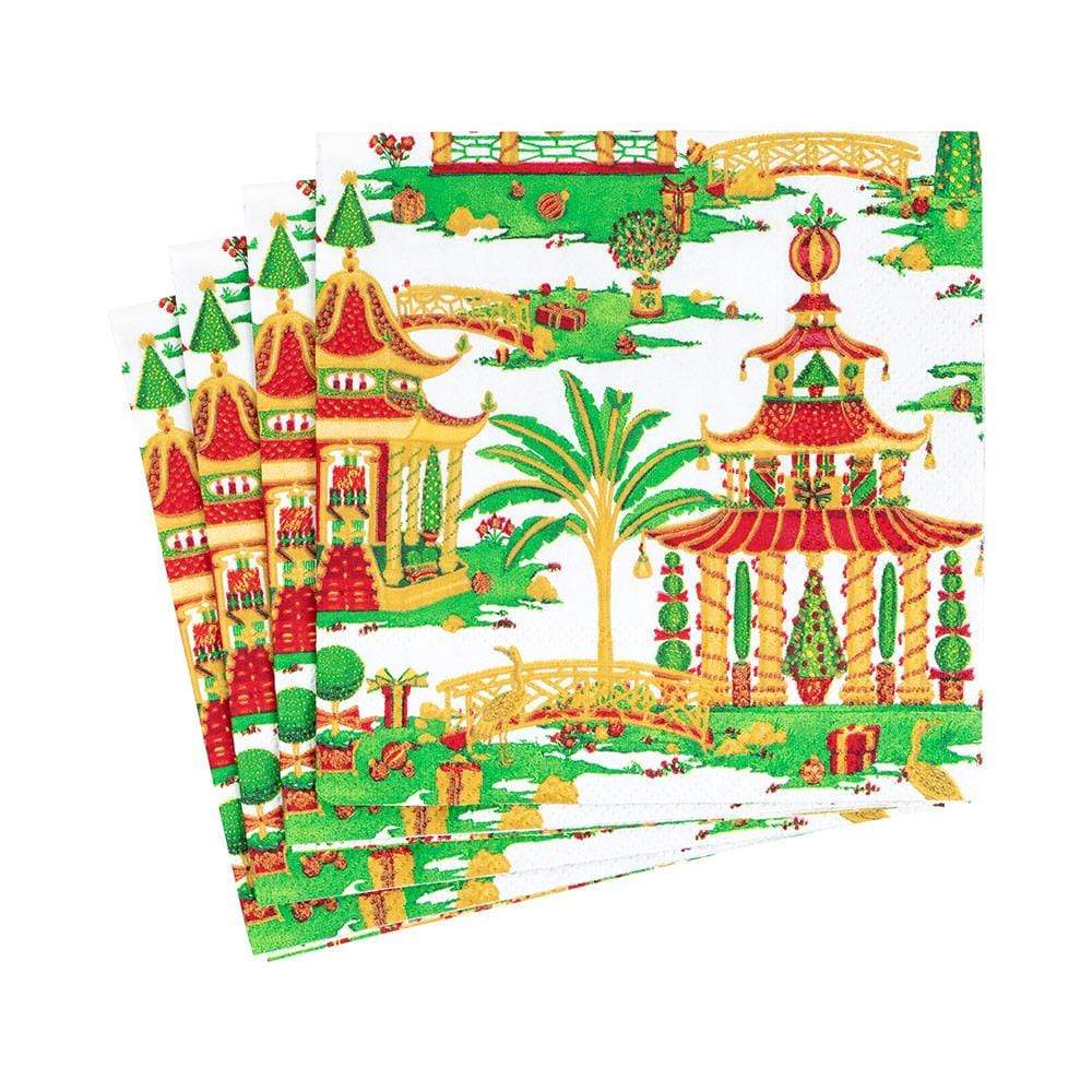 Caspari Christmas Pagodas Paper Cocktail Napkins in White - 20 Per Package 16610C