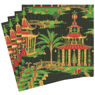 Caspari Christmas Pagodas Paper Dinner Napkins in Black - 20 Per Package 16611D