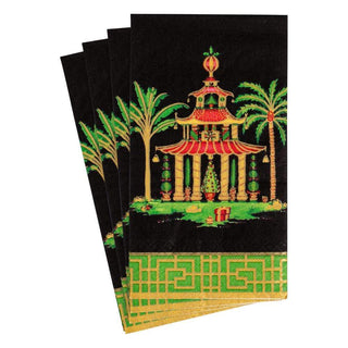 Caspari Christmas Pagodas Paper Guest Towel Napkins in Black - 15 Per Package 16611G