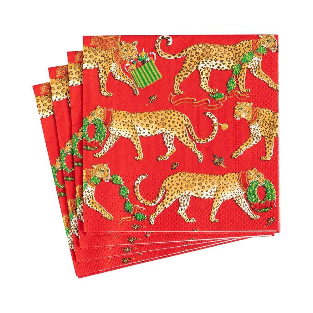 Caspari Christmas Leopards Paper Cocktail Napkins in Red - 20 Per Package 16620C