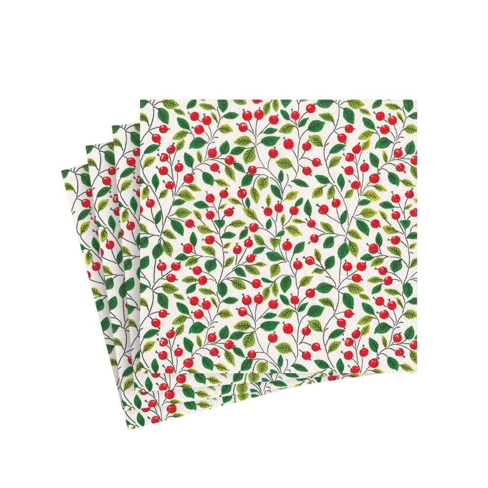Caspari Berries and Leaves Paper Cocktail Napkins in White - 20 Per Package 16700C