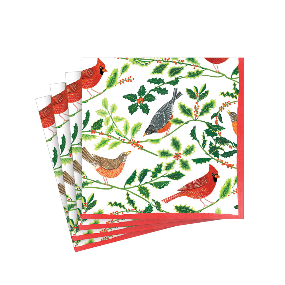 Songbirds and Holly Paper Cocktail Napkins in White- 20 Per Package 17160C