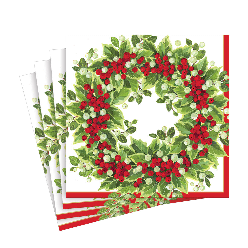 Holly and Berry Wreath Paper Luncheon Napkins - 20 Per Package 17191L
