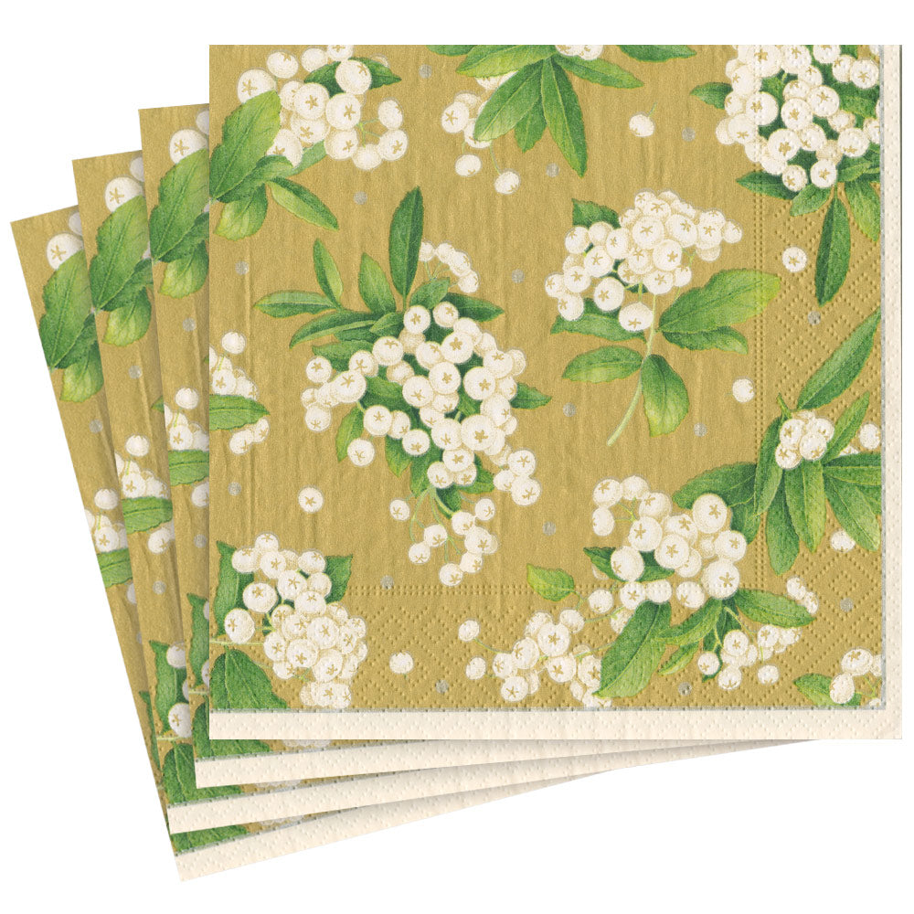 Christmas Berry Paper Dinner Napkins in Gold/White - 20 Per Package 17231D