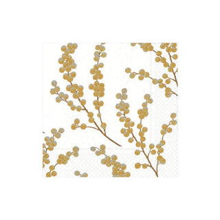 Caspari Berry Branches Paper Cocktail Napkins in White & Gold - 20 Per Package 5724C