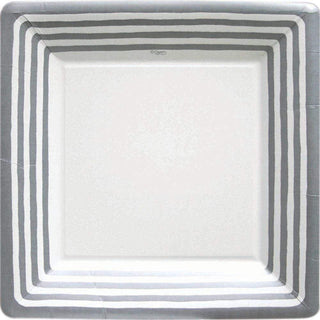 Caspari Border Stripe Square Paper Dinner Plates in Silver - 8 Per Package 9009DP