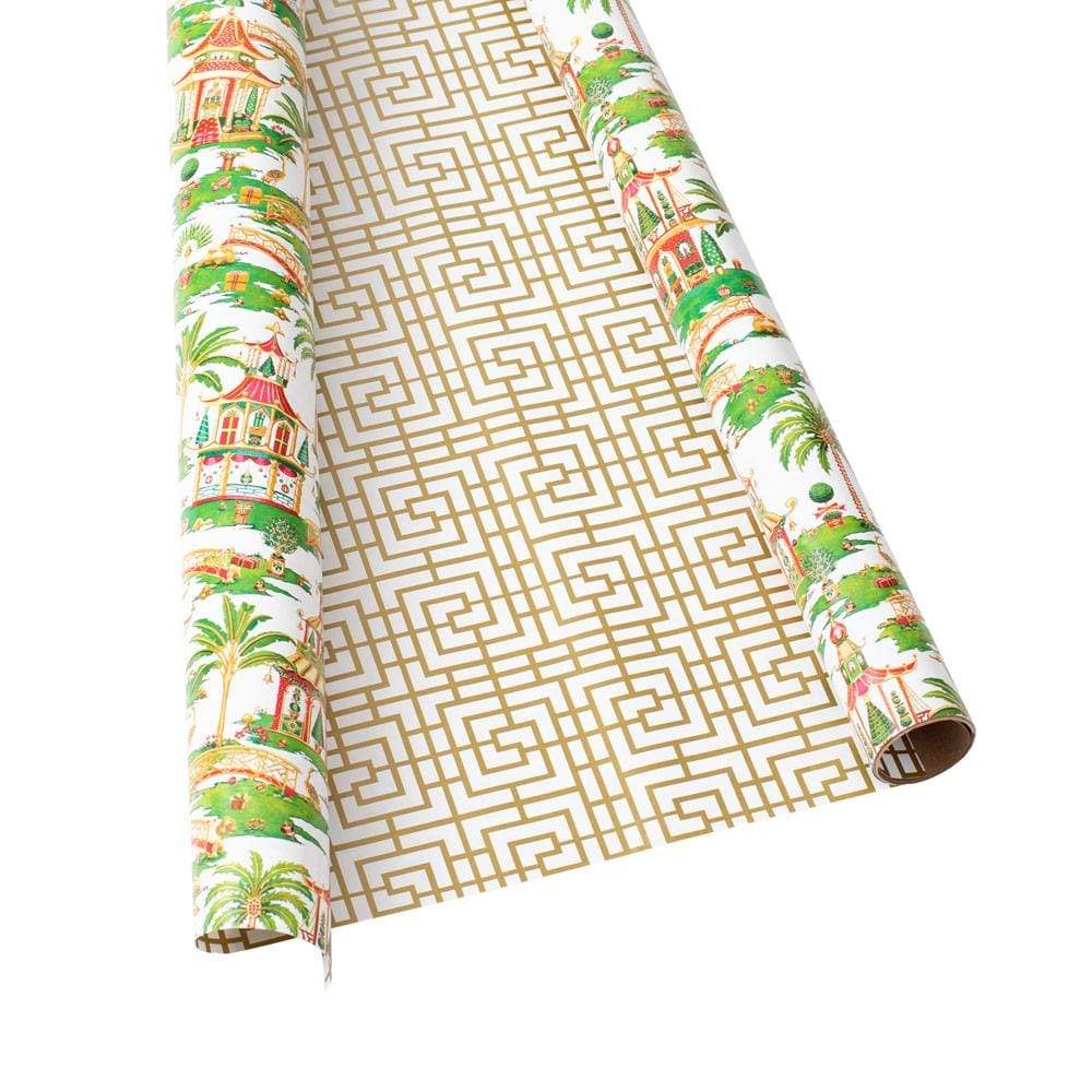 Caspari Christmas Pagodas Reversible Gift Wrapping Paper in White - 30" x 8' Roll 9794RC