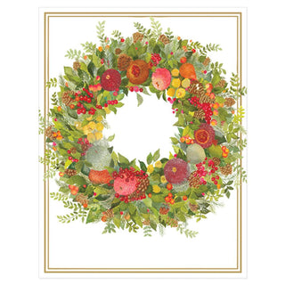 Jeweled Fruits Wreath Foil Large Embossed Blank Boxed Christmas Cards - 10 Cards & 10 Envelopes